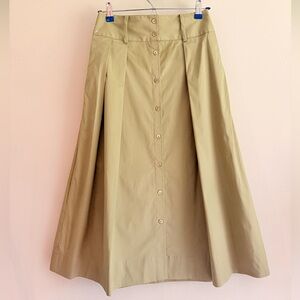 STAUD Khaki Button-Front A-Line Kingsley Midi Skirt sz 2 Pleated‎ Stretch Cotton